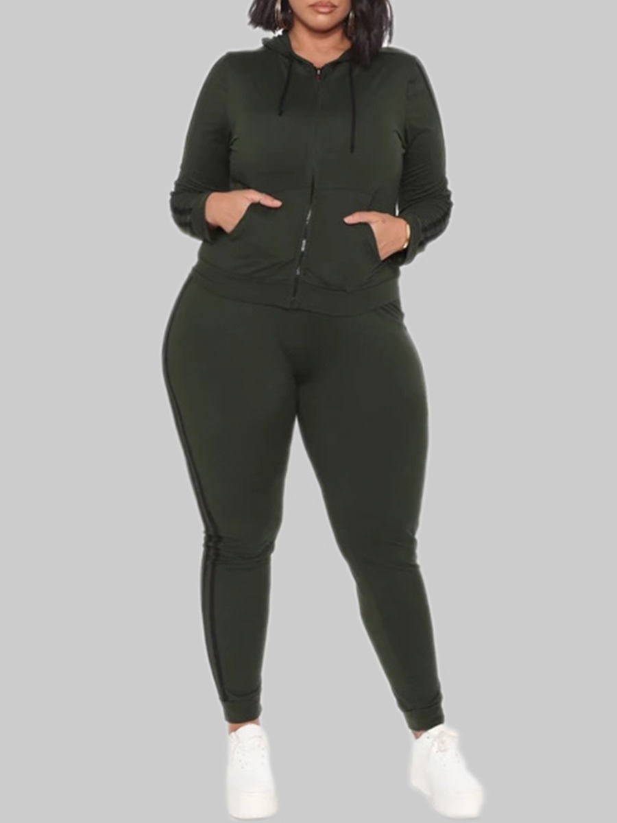 

Lovely Sportswear Hooded Collar Zipper Design Army Green Plus Size Two-piece Pants Set