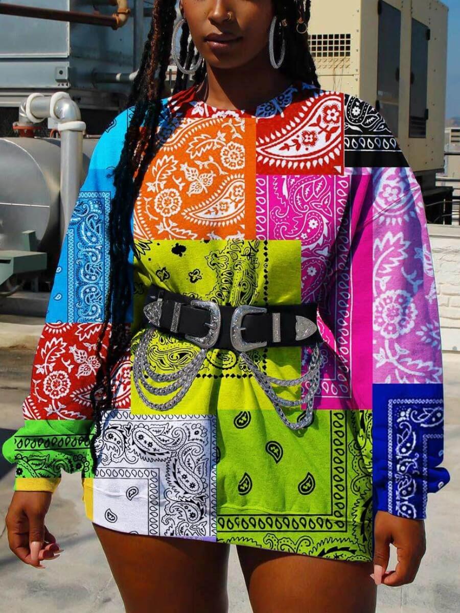 

Lovely Street O Neck Print Patchwork Multicolor Hoodie(Without Belt, Multi