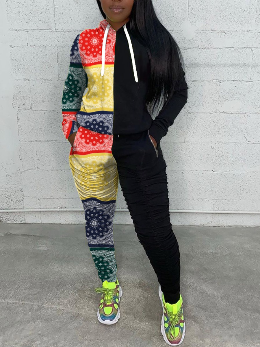 

lovely Sportswear Hooded Collar Print Patchwork Black Two Piece Pants Set