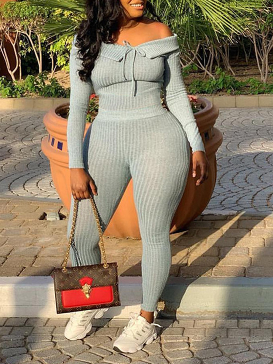 

lovely Stylish Dew Shoulder Skinny Grey Plus Size Two-piece Pants Se