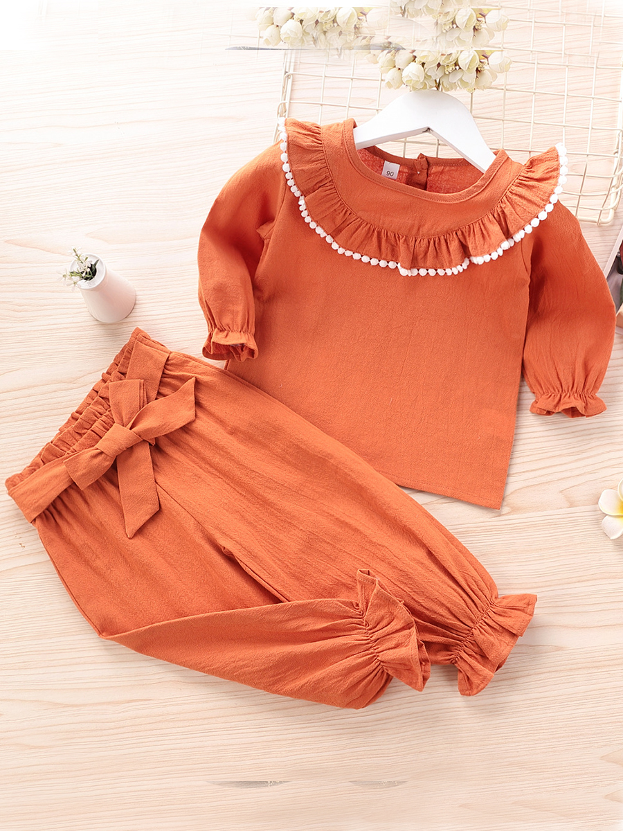 

lovely Trendy O Neck Fold Design Orange Red Girl Two-piece Shorts Set