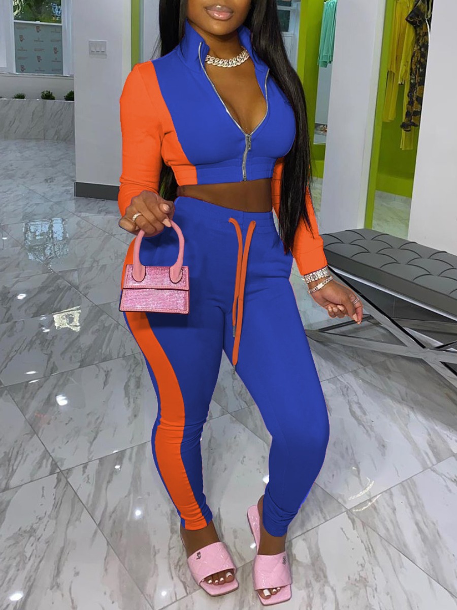 

Lovely Sportswear Zipper Design Patchwork Croci Two Piece Pants Set