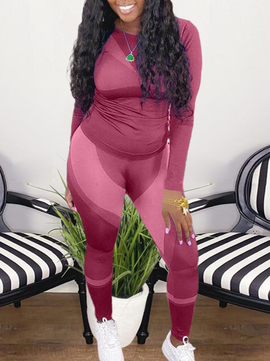 

Lovely Sportswear O Neck Patchwork Wine Red Two Piece Pants Set