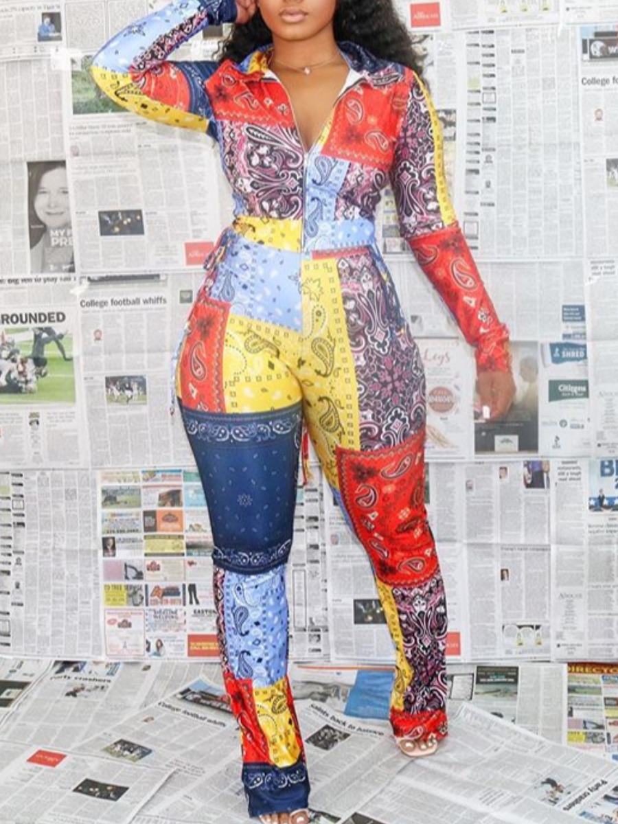 

lovely Stylish Turndown Collar Print Patchwork Deep Blue Two Piece Pants Set