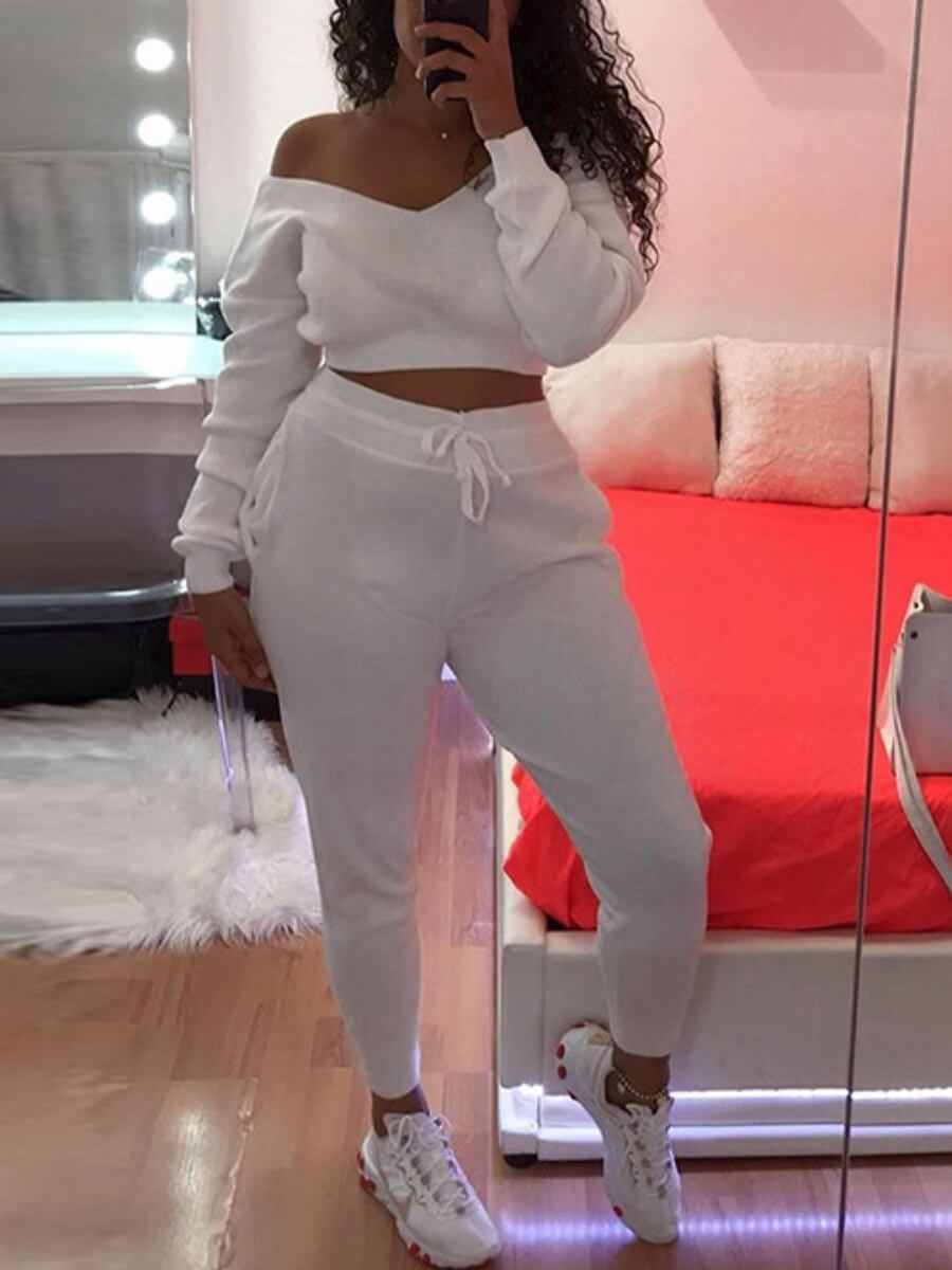 

Lovely Leisure Dew Shoulder Lace-up White Two Piece Pants Set