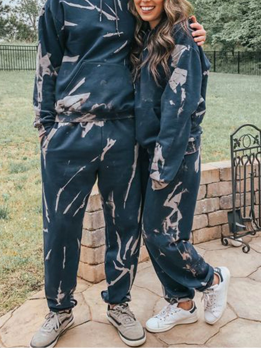 

lovely Sportswear Hooded Collar Tie-dye Dark Blue Men Two-piece Pants Set