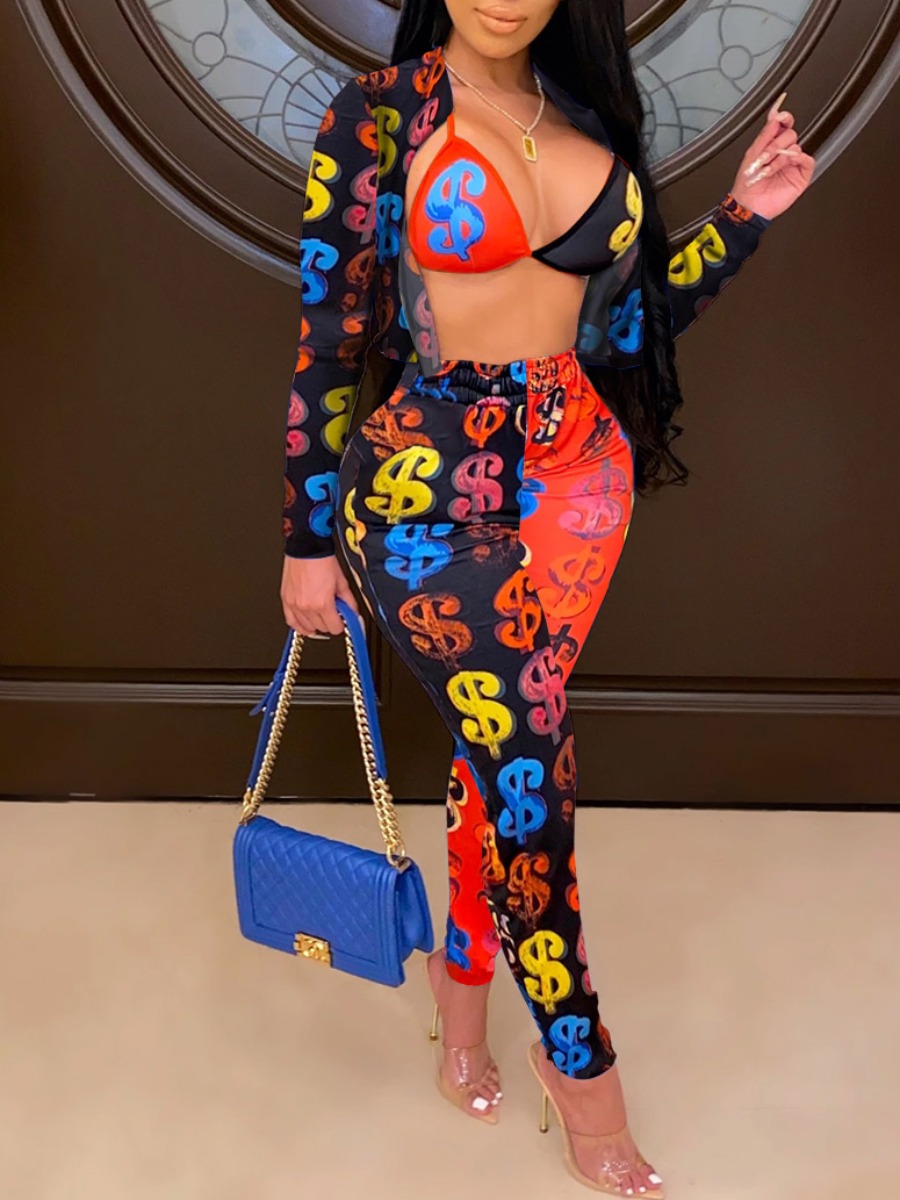 

lovely Trendy Print atchwork Red Three Piece Pants Set