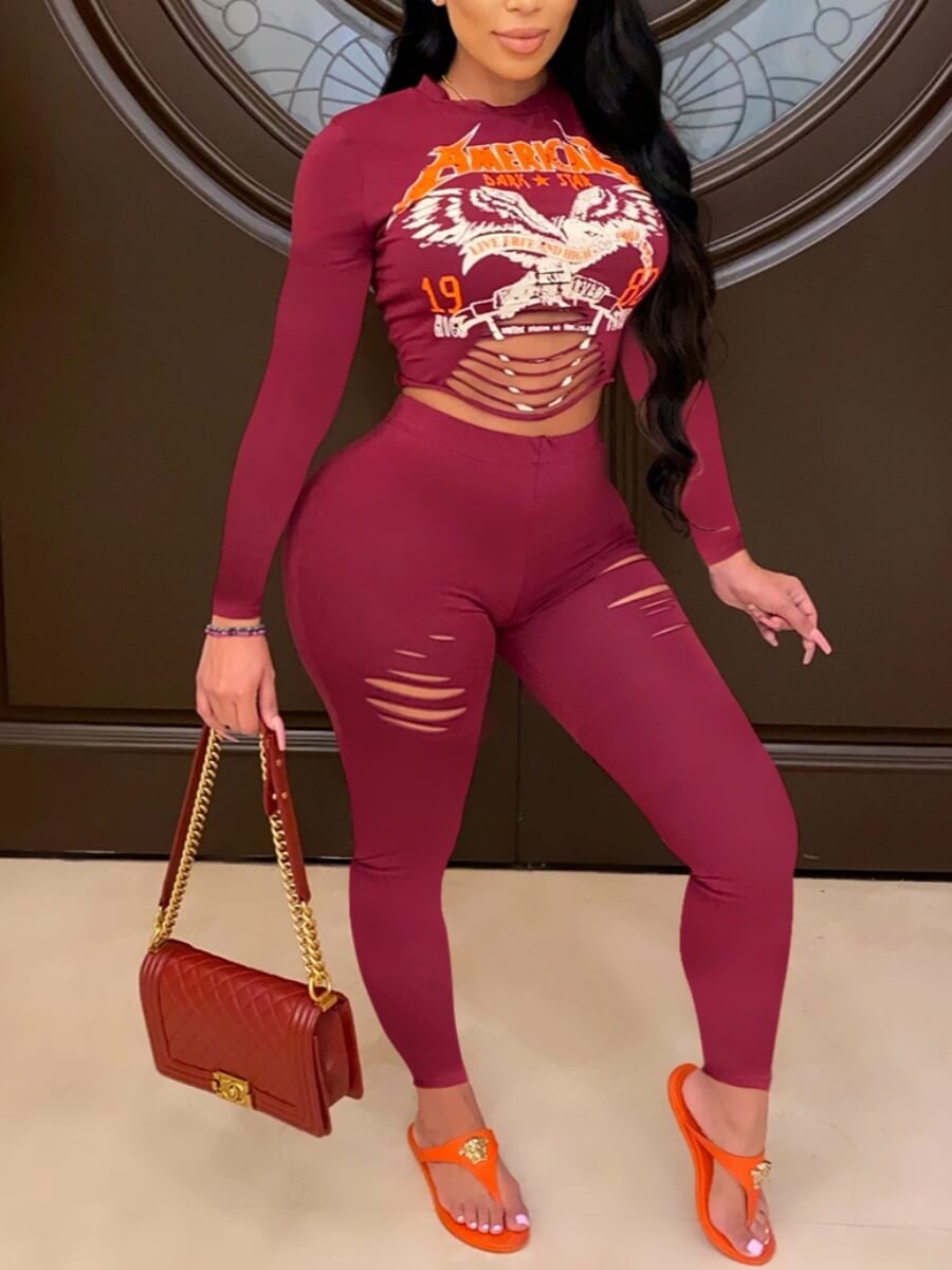 lovely Leisure O Neck Print Broken Holes Wine Red Two Piece Pants Set