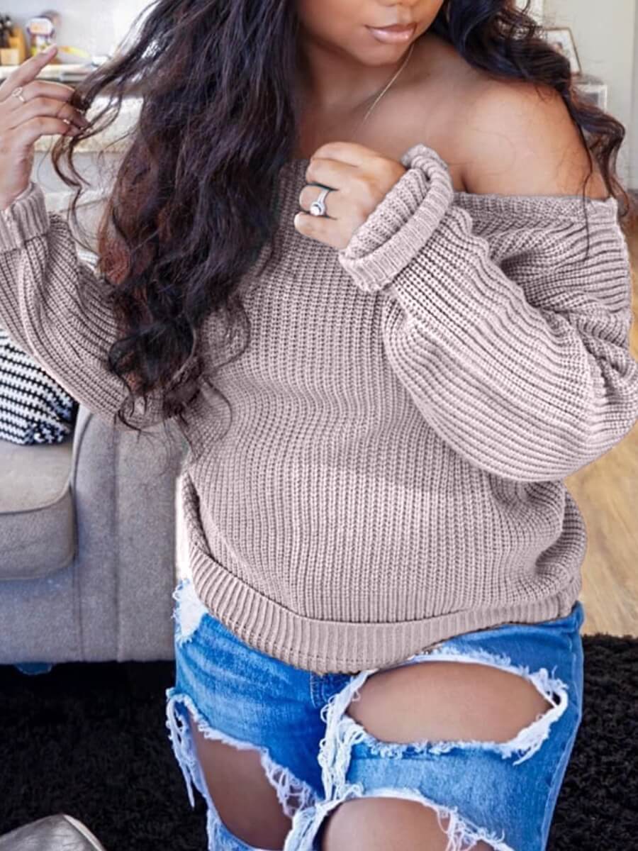 

Lovely Trendy Dew Shoulder Striped Khaki Sweater