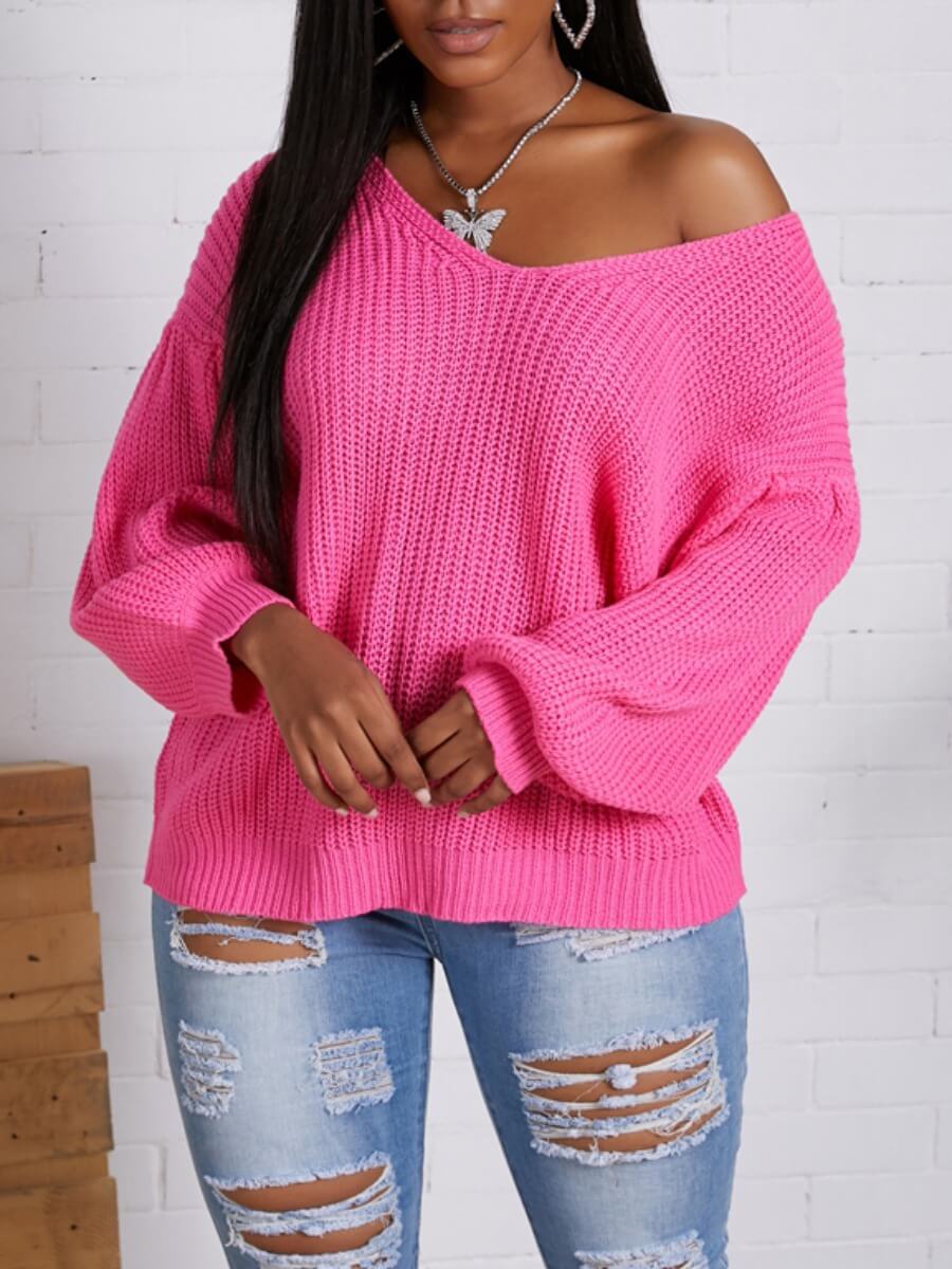 

Lovely Casual V Neck Basic Loose Rose Red Sweater