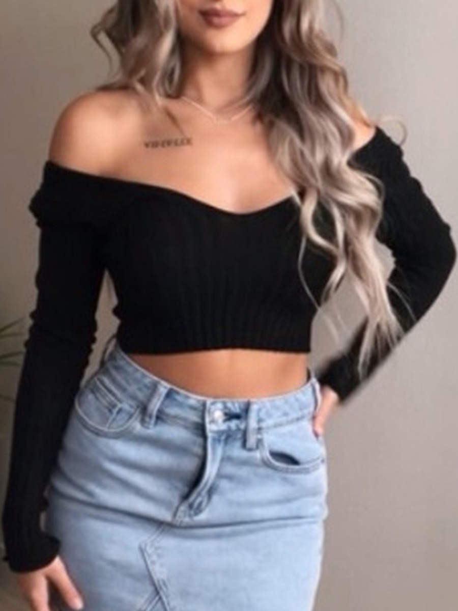 

lovely Street Dew Shoulder Black T-shirt