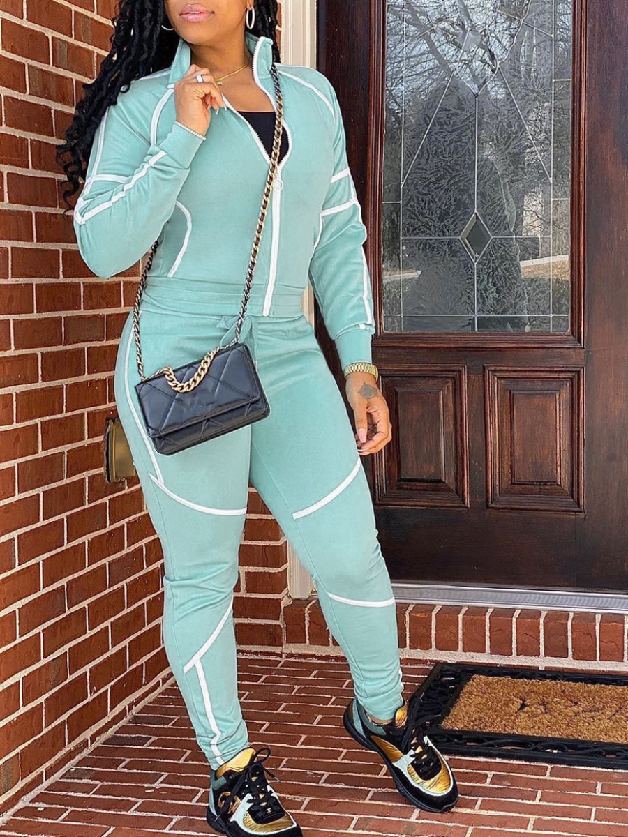 

Lovely Sportswear Turndown Collar Patchwork Blue Two Piece Pants Set