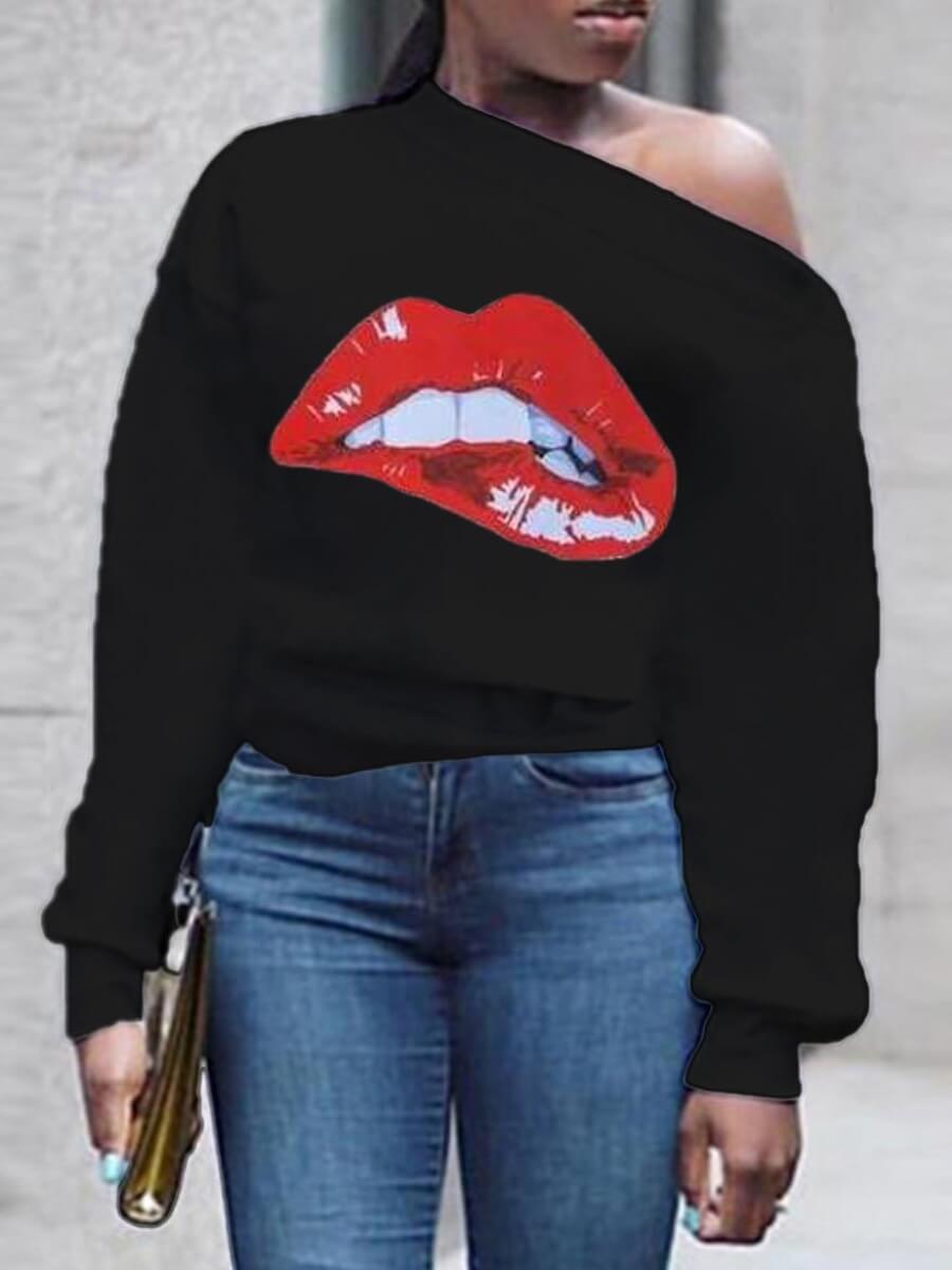 

Lovely Casual Lip Print Black Hoodie