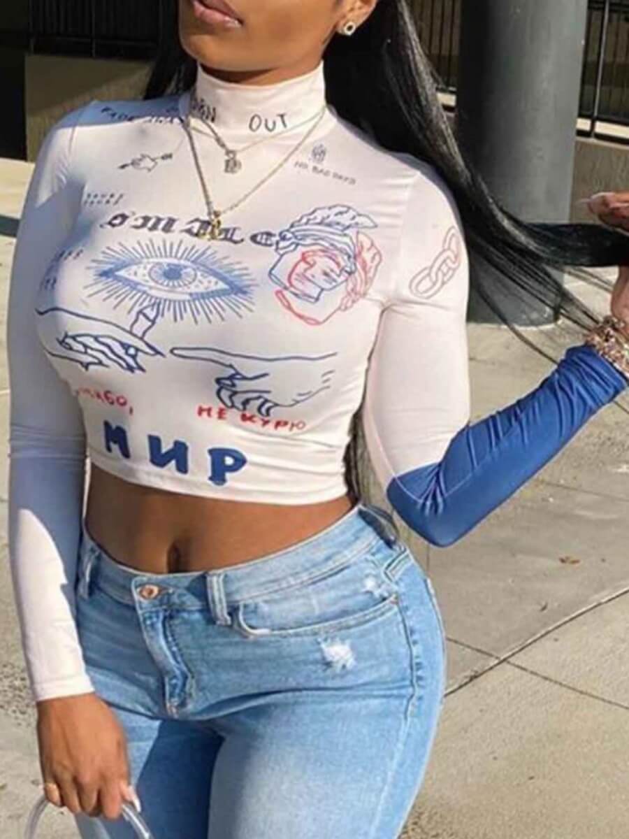 

Lovely Casual Turtleneck Print White Plus Size T-shirt