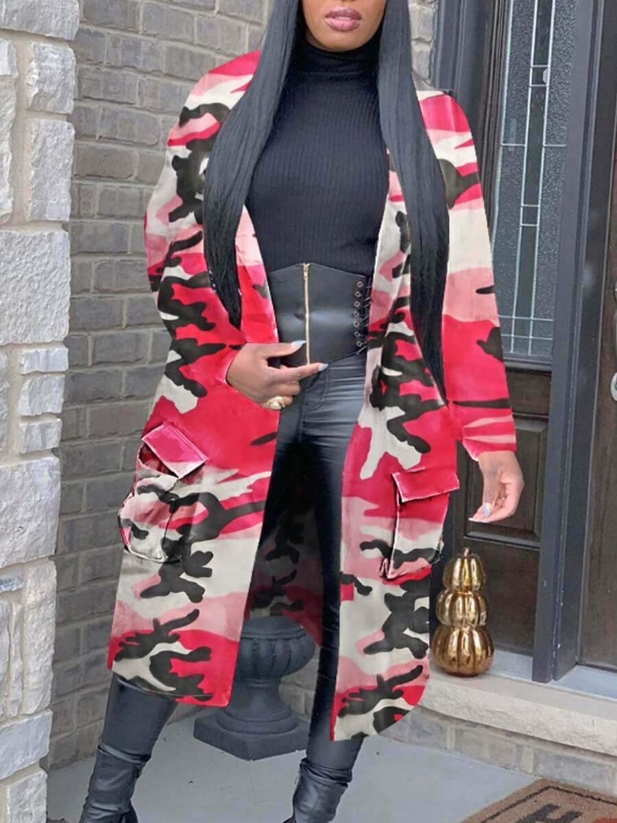 

Lovely Trendy Turndown Collar Camo Print Pink Long Denim Jacket