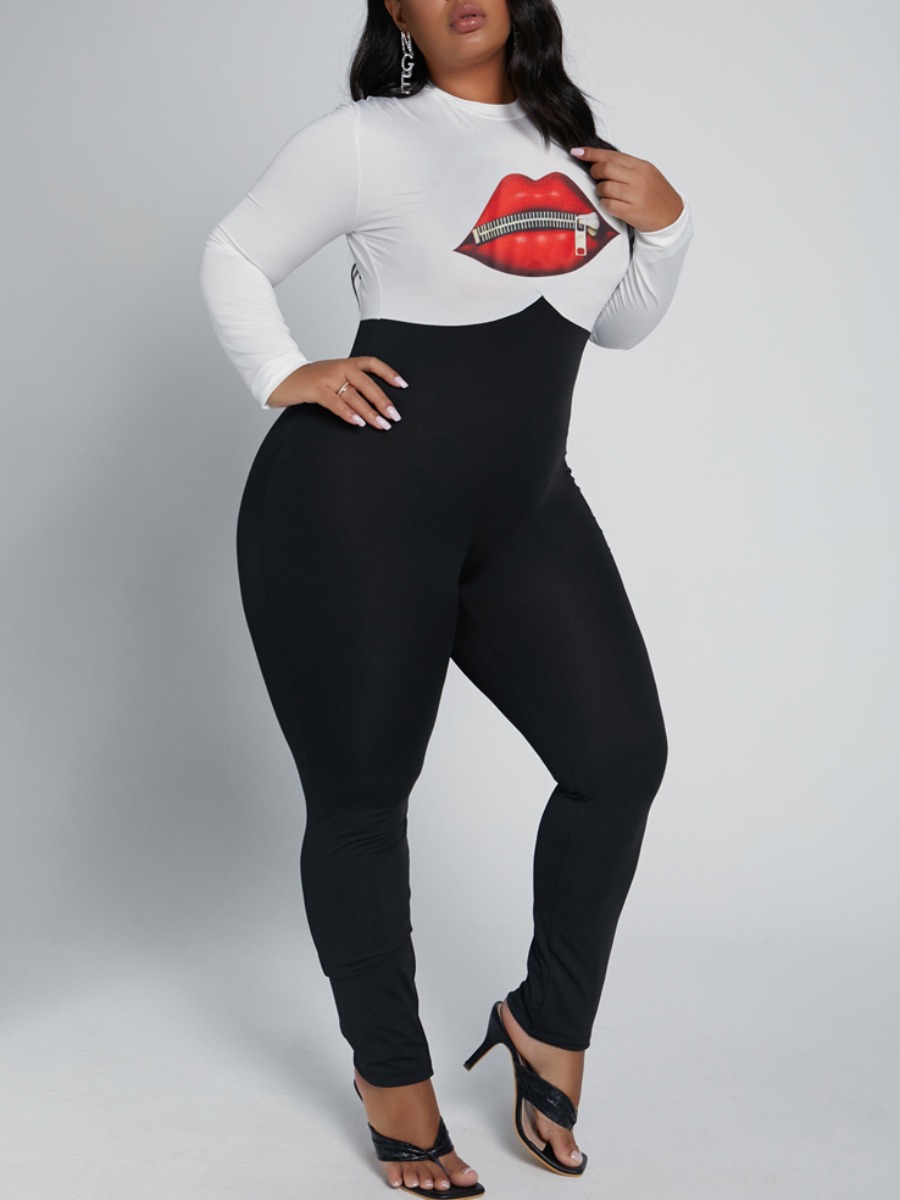 

lovely Sportswear Print Patchwork Pure White Plus Size One-piece Jumpsuit