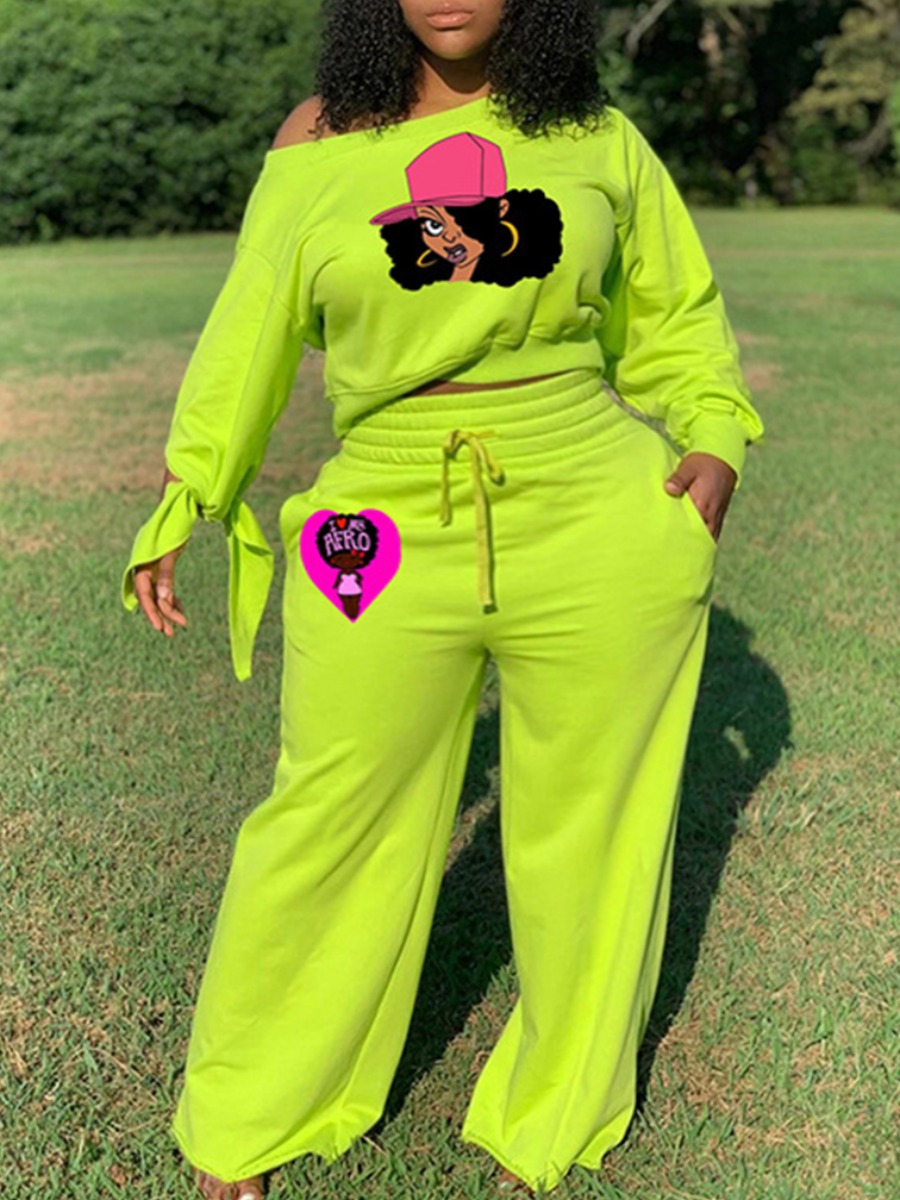 

lovely Leisure Print Green Plus Size Two-piece Pants Set
