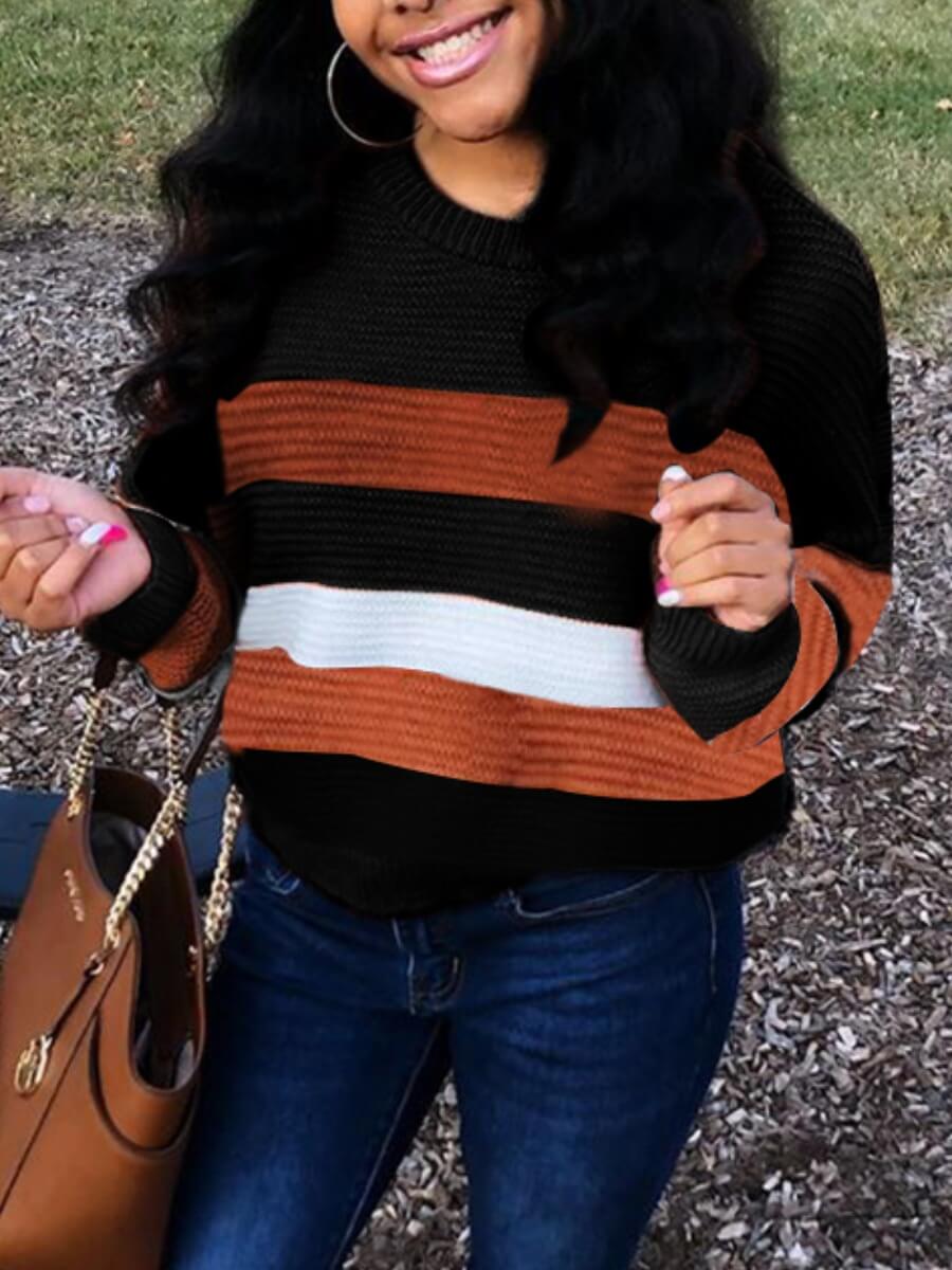

Lovely Trendy O Neck Striped Patchwork Coffee Sweater