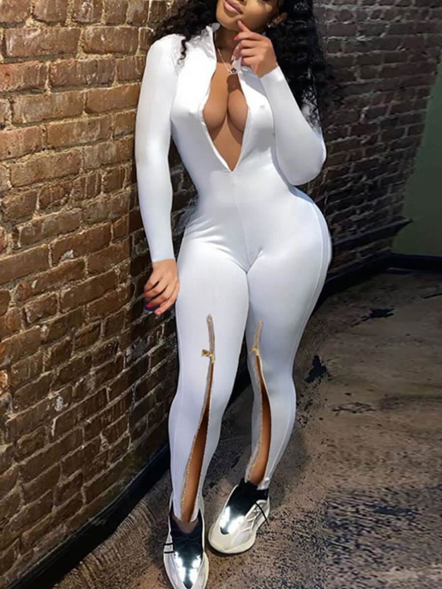 

lovely Trendy Zipper Design White One-piece Jumpsuit