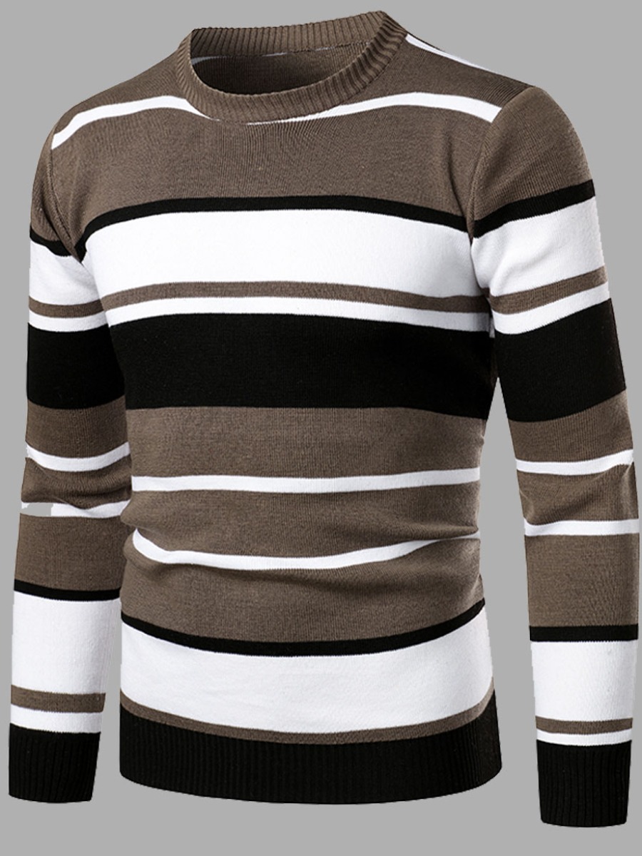 

Lovely Casual O Neck Striped Patchwork Grey Men Sweater
