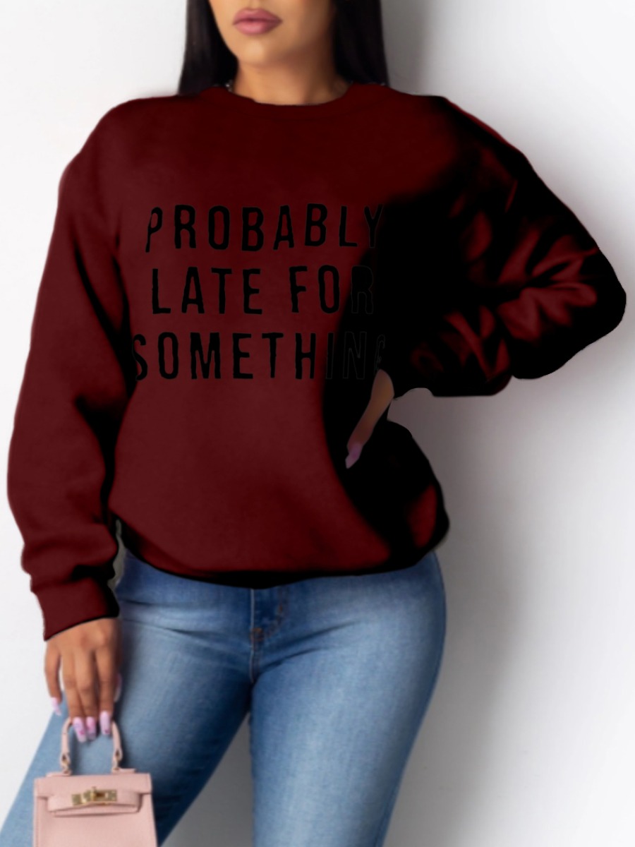 

lovely Casual O Neck Letter Print Wine Red Hoodie