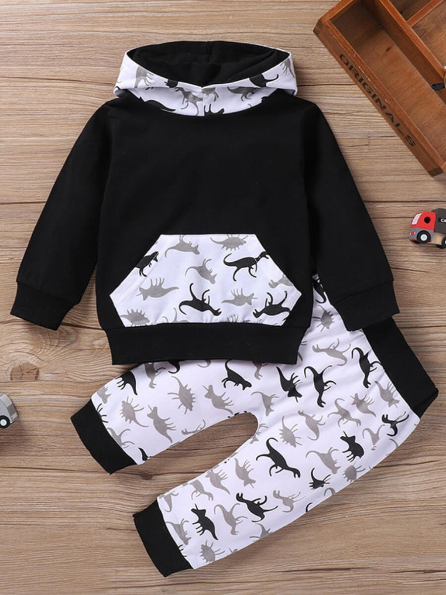 

Lovely Stylish Hooded Collar Print Patchwork Black Boy Two-piece Pants Set