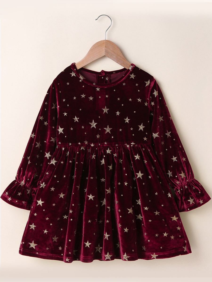 

lovely Sweet O Neck Pentagram Print Red Girl Knee Length Dress