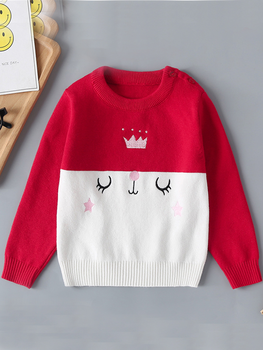 

lovely Casual O Neck Print Patchwork Red Girl Sweater