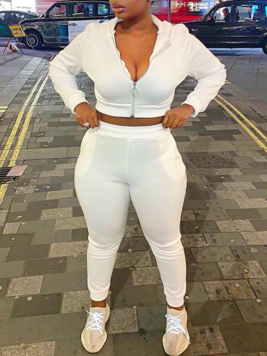 

lovely Casual Hooded Collar Zipper Design White Two Piece Pants Set