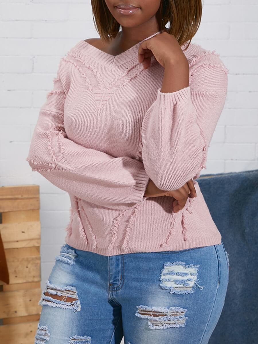 

Lovely Stylish V Neck Patchwork Pink Sweater