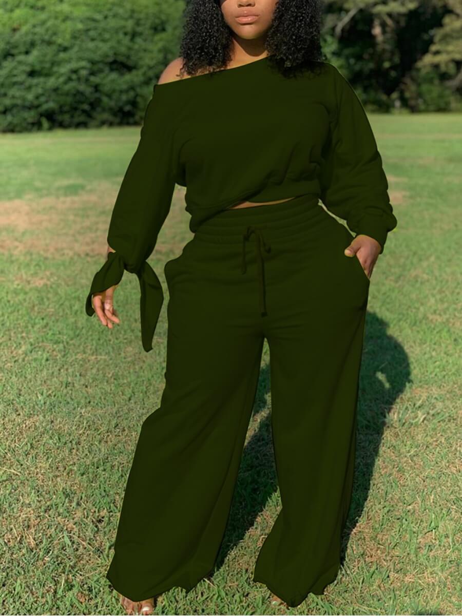 

LW Plus Size Casual Drawstring Loose Green Two-piece Pants Set