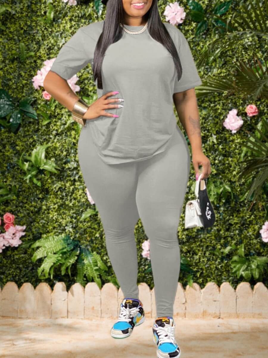 Lovely Casual O Neck Basic Grey Plus Size Two-piece Pants Set