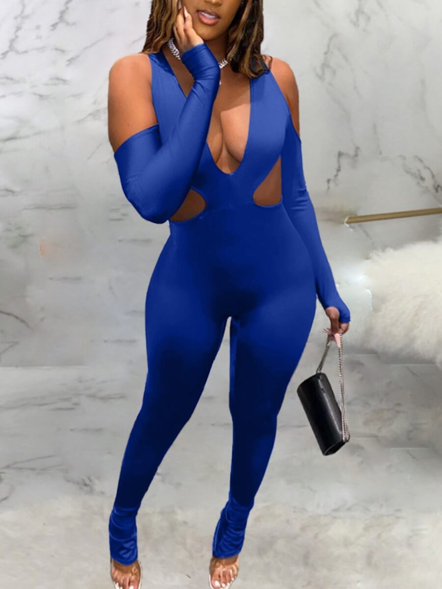 

Lovely Sexy Deep V Neck Hollow-out Blue One-piece Jumpsuit