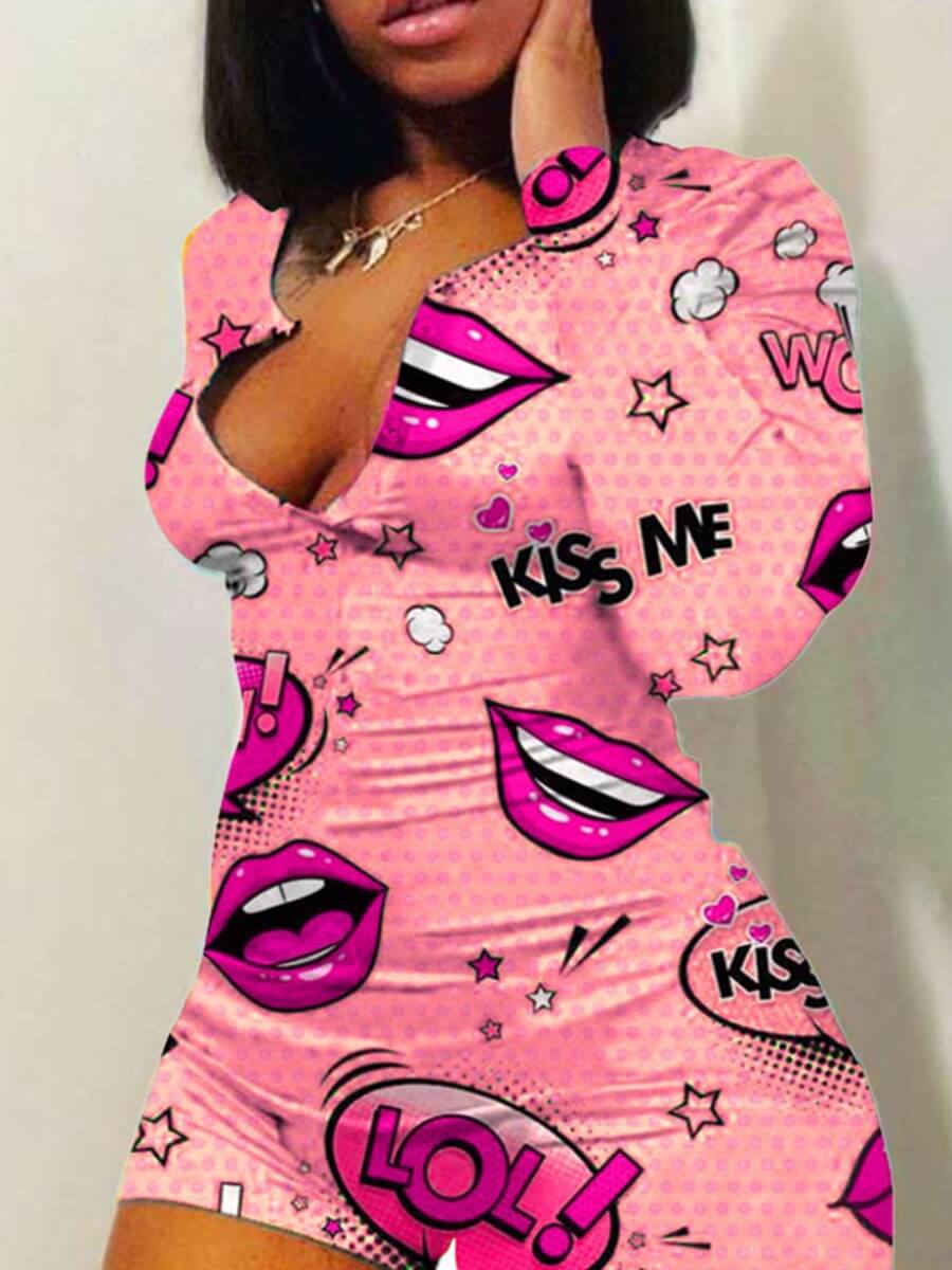 Lovelywholesale coupon: LW Leisure Lip Print Pink One-piece Romper