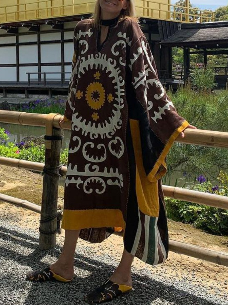 

lovely Bohemian Print Loose Multicolor Ankle Length Plus Size Dress, Multi