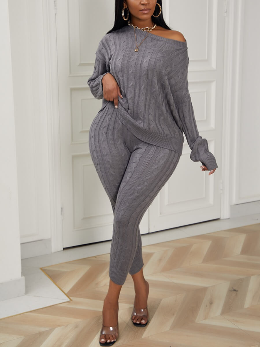 

Lovely Casual O Neck Striped Grey Plus Size Two-piece Pants Set