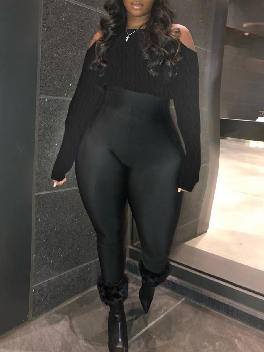 

Lovely Sportswear O Neck Hollow-out Black Plus Size Two-piece Pants Set