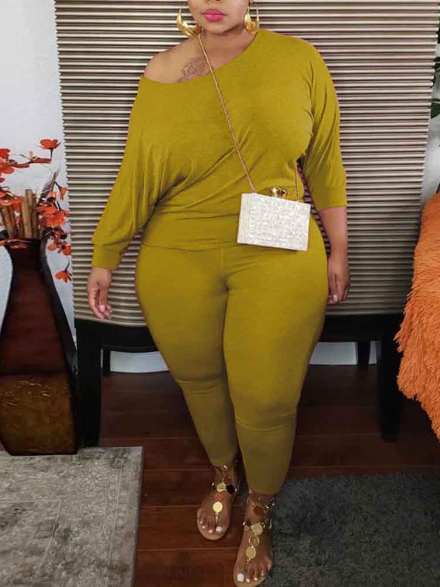 

Lovely Leisure Basic Skinny Yellow Plus Size Two-piece Pants Set
