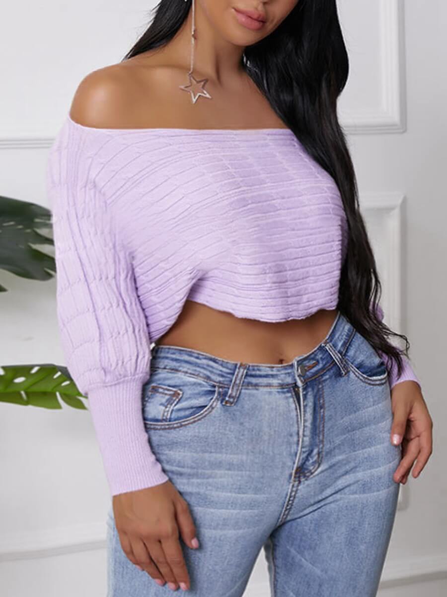 

Lovely Trendy Dew Shoulder Loose Purple Sweater