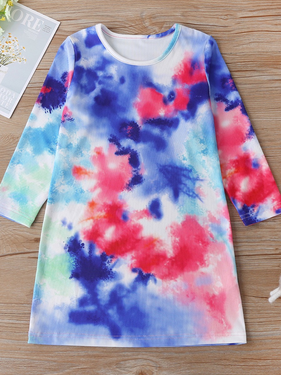 

lovely Trendy O Neck Tie-dye Multicolor Girl Knee Length Dress, Multi