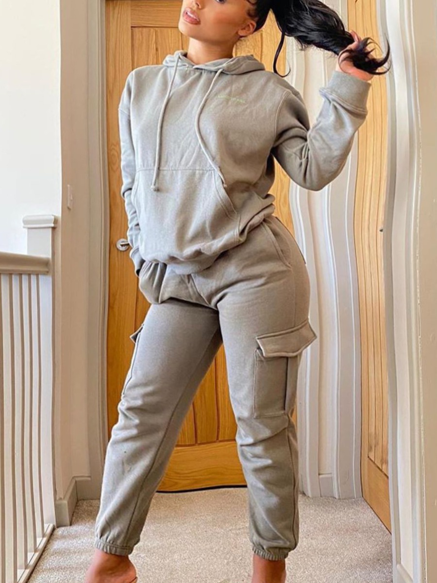 

lovely Casual Hooded Collar Basic Grey Two Piece Pants Set