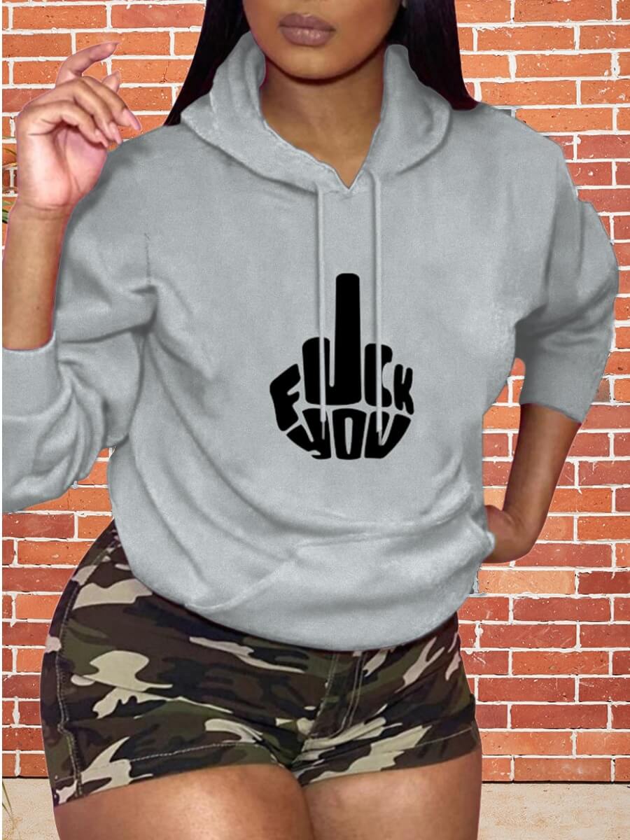 

Lovely Casual Hooded Collar Print Grey Hoodie