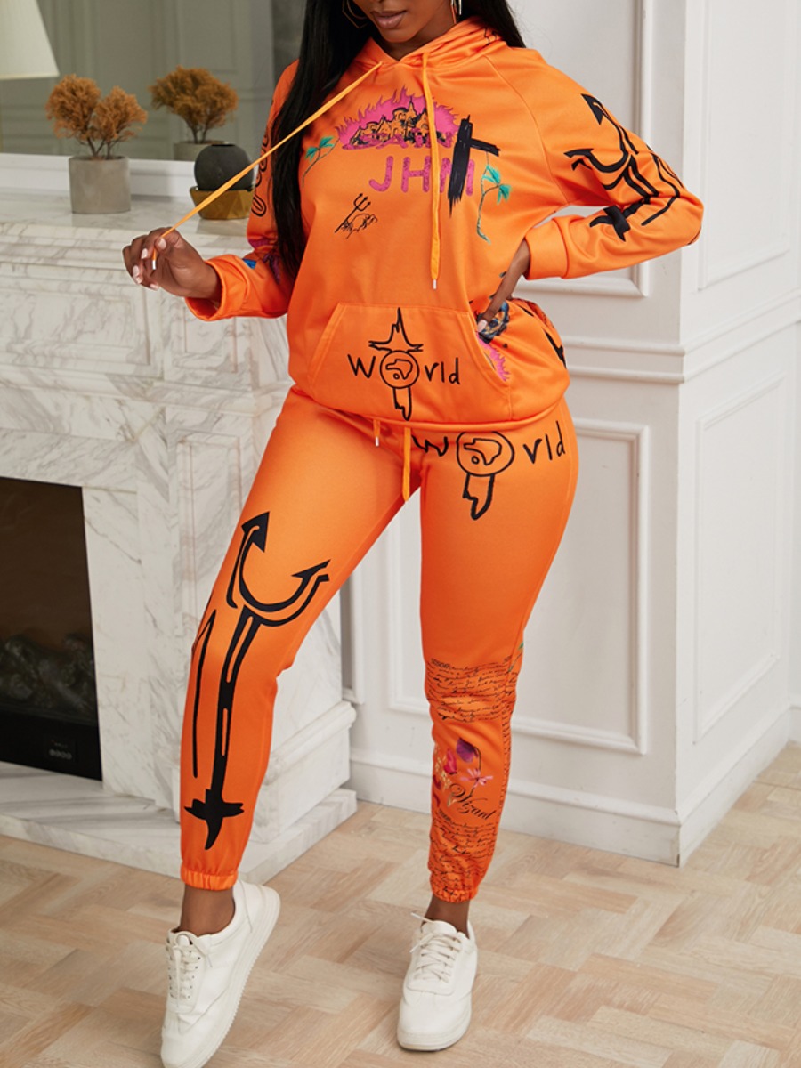 

lovely Sportswear Hooded Collar Print Orange Two Piece Pants Set