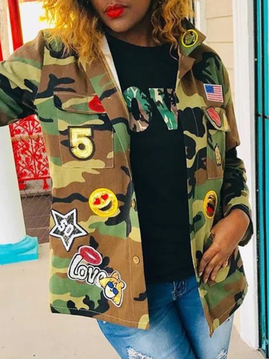 

lovely Trendy Turndown Collar Camo Print Army Green Jacket, Army green camouflag