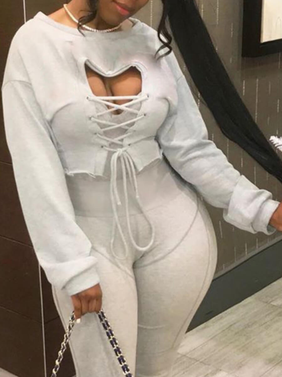 

Lovely Trendy O Neck Bandage Design Grey Hoodie