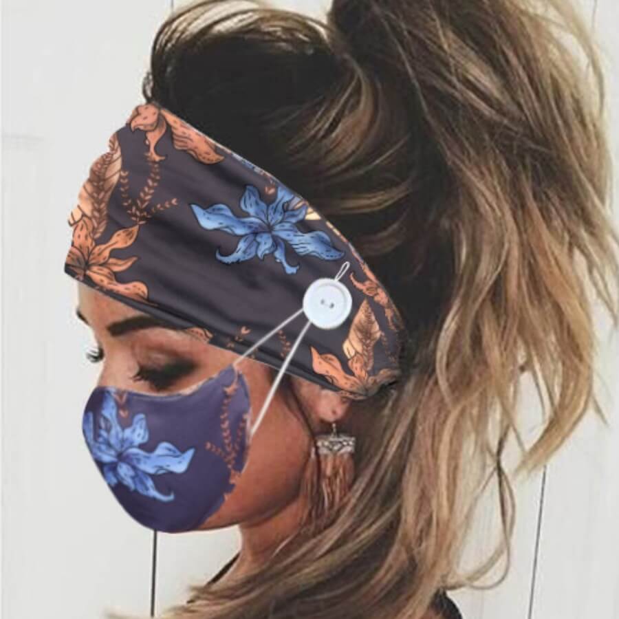 

Lovely Plants Print Deep Blue Face Mask(With Headband)