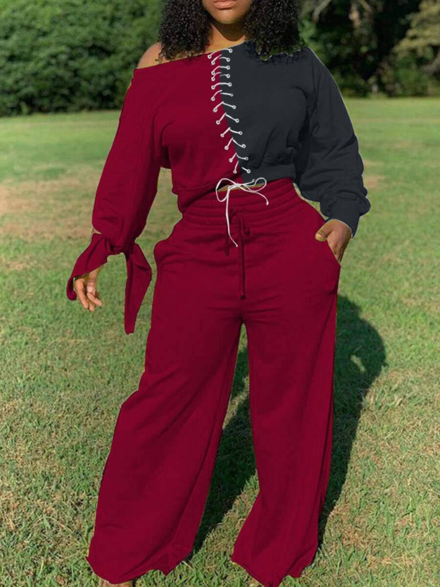 

Lovely Casual Patchwork Bandage Design Wine Red Two Piece Pants Set