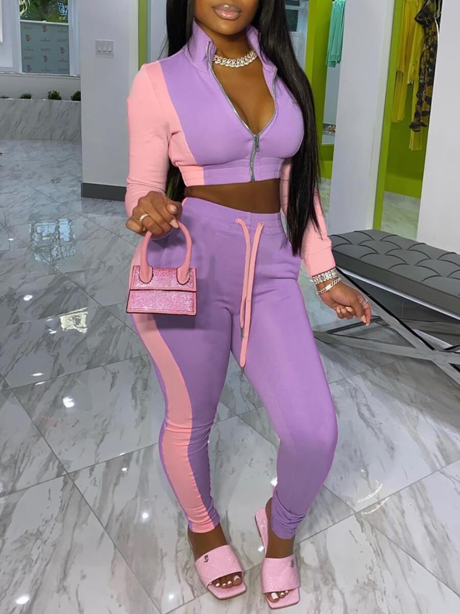 

LW Zipper Design Patchwork Tracksuit Pants Set, Purple