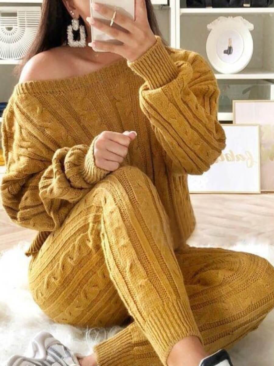 lovely Casual O Neck Striped Deep Yellow Two Piece Pants Set