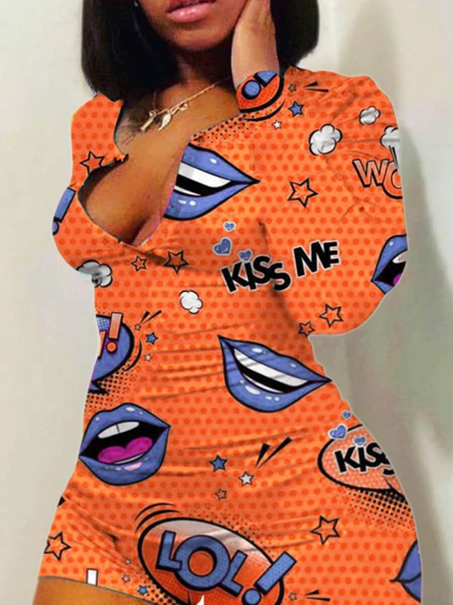 

LW Leisure Lip Print Orange One-piece Romper